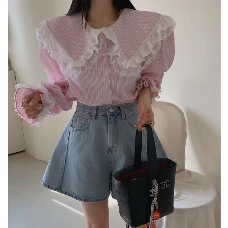 ピンク | ビッグカラー レース ストライプ ブラウス | Bifrost