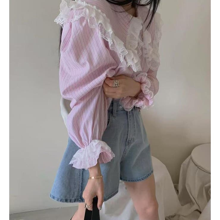 ビッグカラー レース ストライプ ブラウス | Bifrost | 詳細画像8 