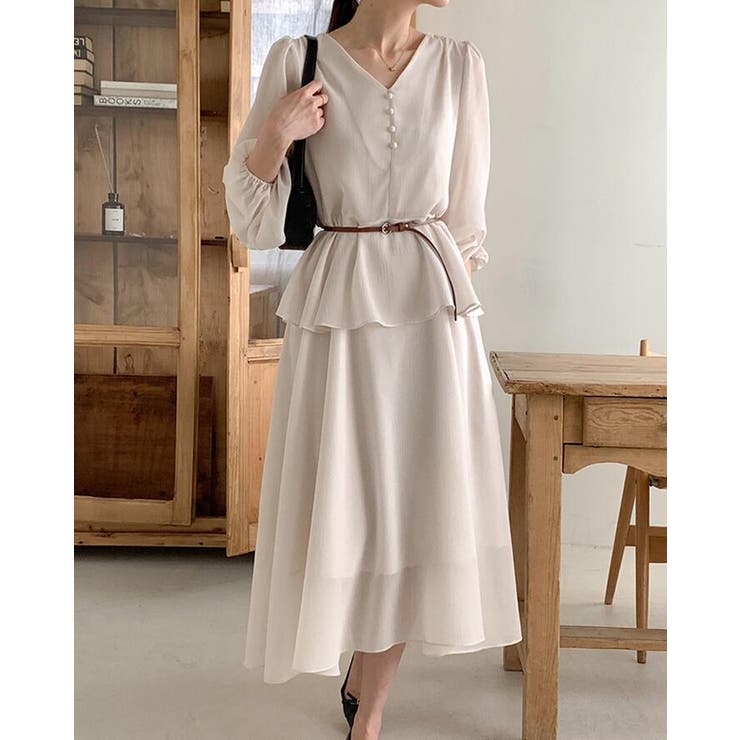 V ネック ペプラム ロングワンピース ベルト付き | Bifrost | 詳細画像1 