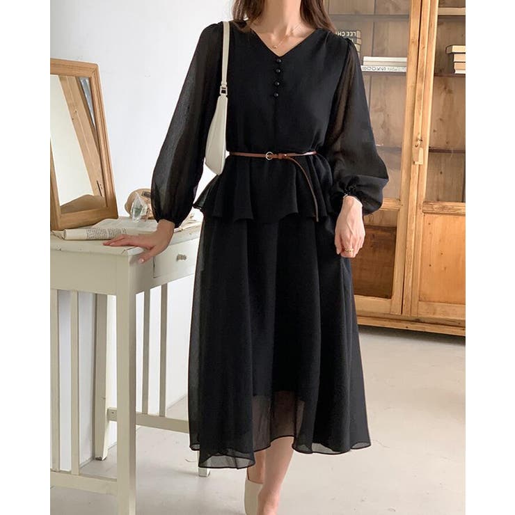 ブラック | V ネック ペプラム ロングワンピース ベルト付き | Bifrost