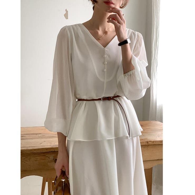 V ネック ペプラム ロングワンピース ベルト付き | Bifrost | 詳細画像2 