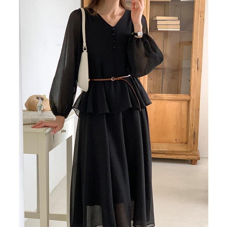 V ネック ペプラム ロングワンピース ベルト付き | Bifrost | 詳細画像14 