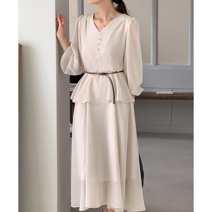 ベージュ | V ネック ペプラム ロングワンピース ベルト付き | Bifrost