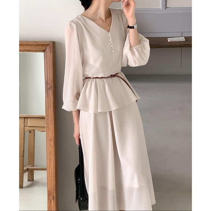 V ネック ペプラム ロングワンピース ベルト付き | Bifrost | 詳細画像15 