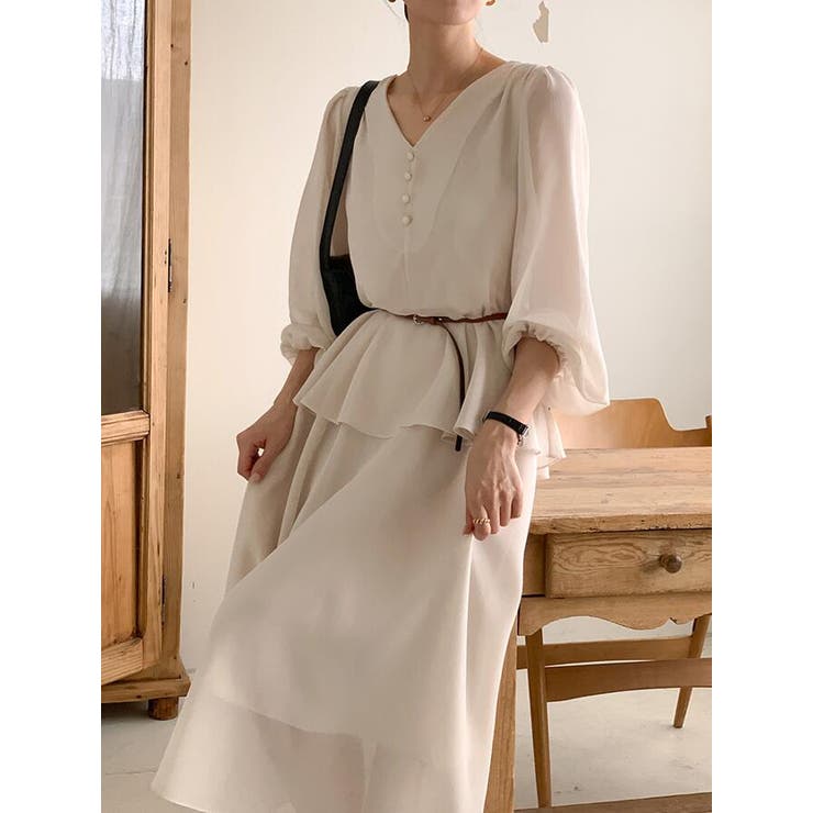 V ネック ペプラム ロングワンピース ベルト付き | Bifrost | 詳細画像17 