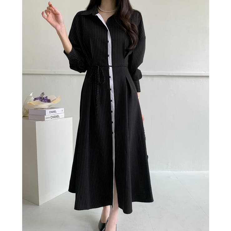 ブラック | ピンストライプ ロングシャツワンピース | Bifrost