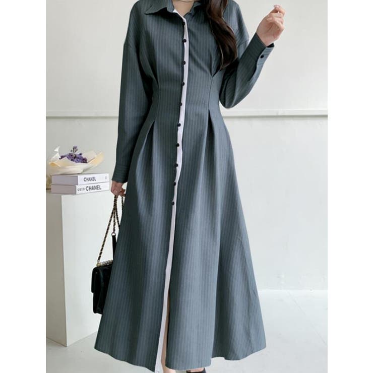 グレー | ピンストライプ ロングシャツワンピース | Bifrost