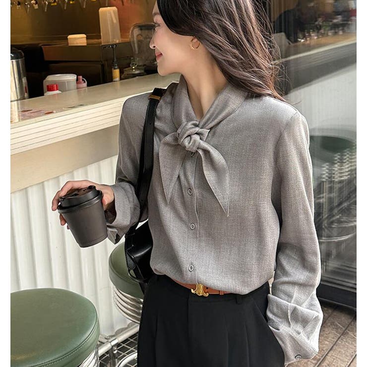 グレー | ネクタイ風 デザイン 長袖 ブラウス | Bifrost