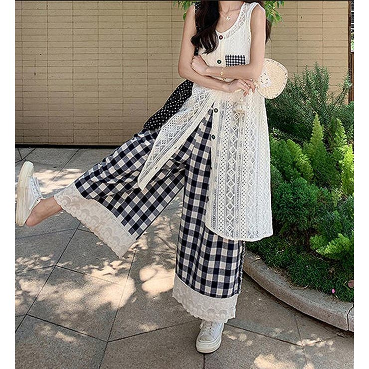 透かし編み ベスト チェック パンツ セット | Bifrost | 詳細画像1 
