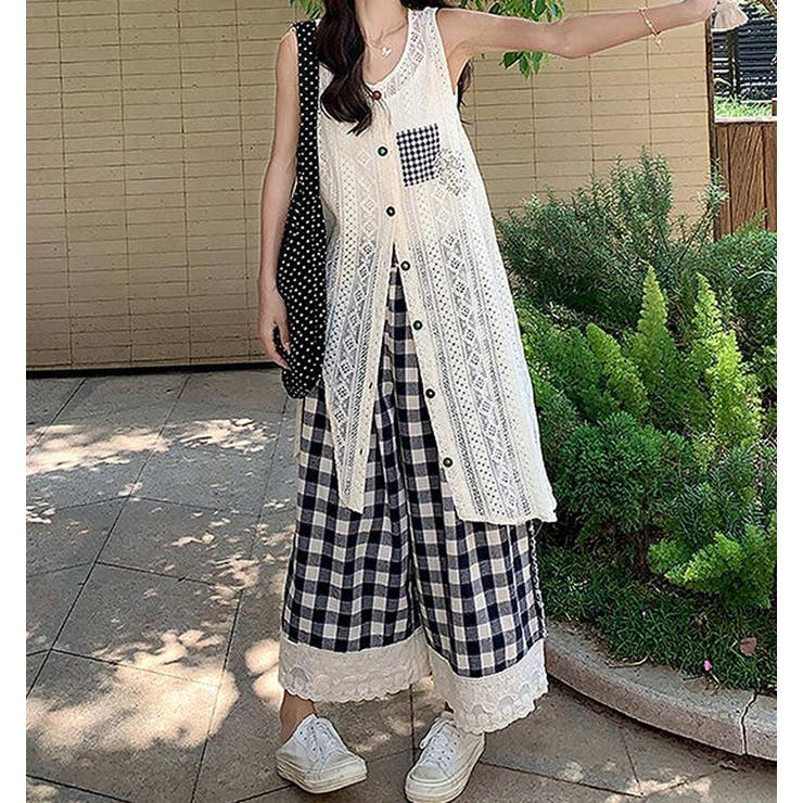 透かし編み ベスト チェック パンツ セット | Bifrost | 詳細画像5 