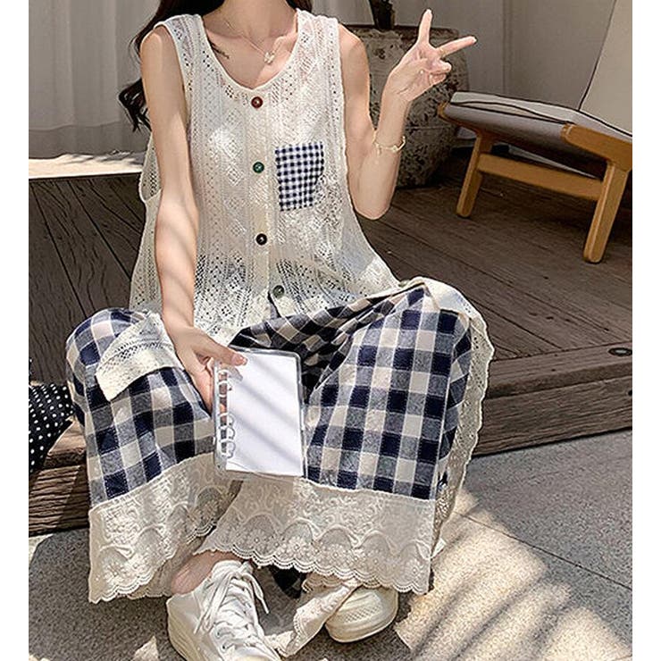 透かし編み ベスト チェック パンツ セット | Bifrost | 詳細画像7 