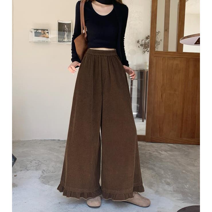 ブラウン | 秋冬 ゆったりフリルヘムコーデュロイワイドパンツ | Bifrost