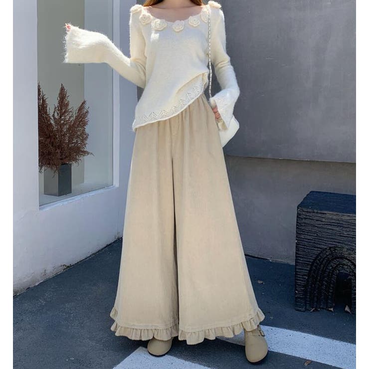 ベージュ | 秋冬 ゆったりフリルヘムコーデュロイワイドパンツ | Bifrost
