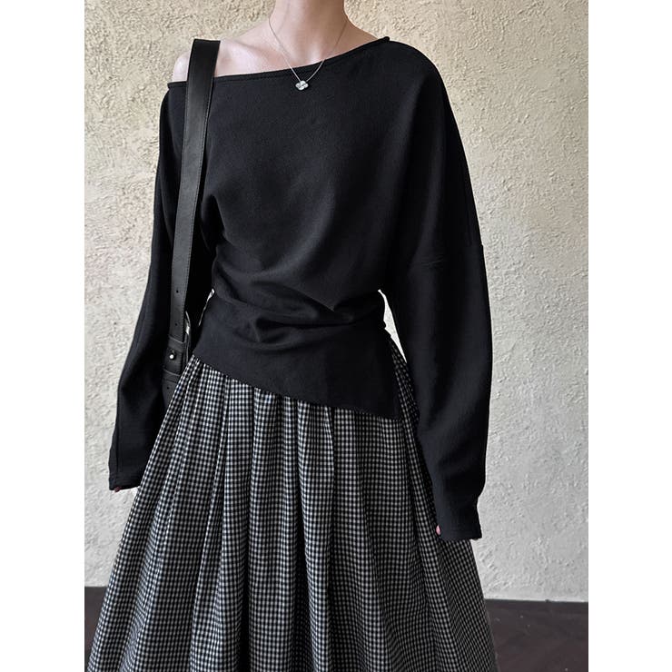 ブラック | オフショルダー ドレープ ニットトップス | Bifrost