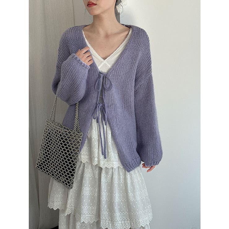 パープル | 太編み リボン カーディガン オーバーサイズ | Bifrost