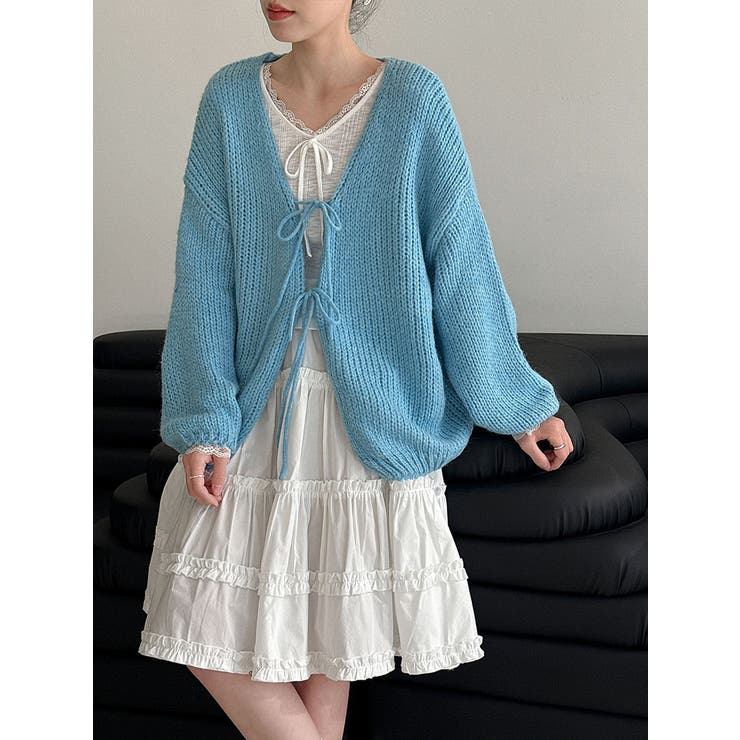 ブルー | 太編み リボン カーディガン オーバーサイズ | Bifrost