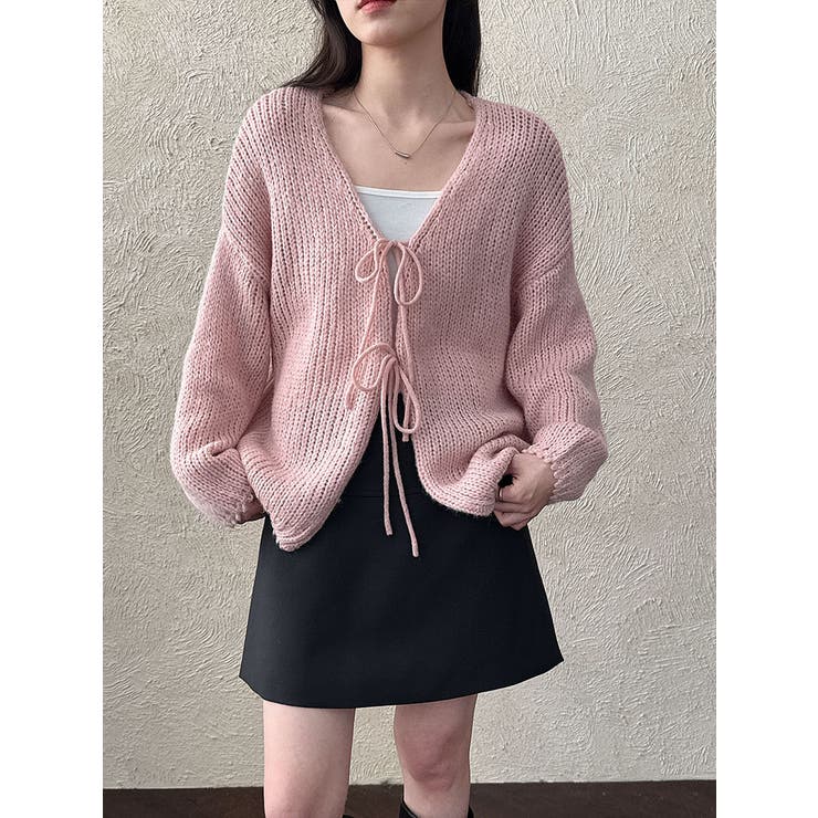ピンク | 太編み リボン カーディガン オーバーサイズ | Bifrost