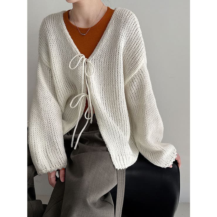 オフホワイト | 太編み リボン カーディガン オーバーサイズ | Bifrost