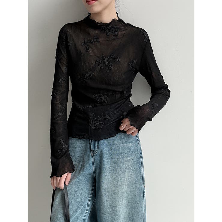 ブラック | 刺繍 ハイネック シアートップス | Bifrost