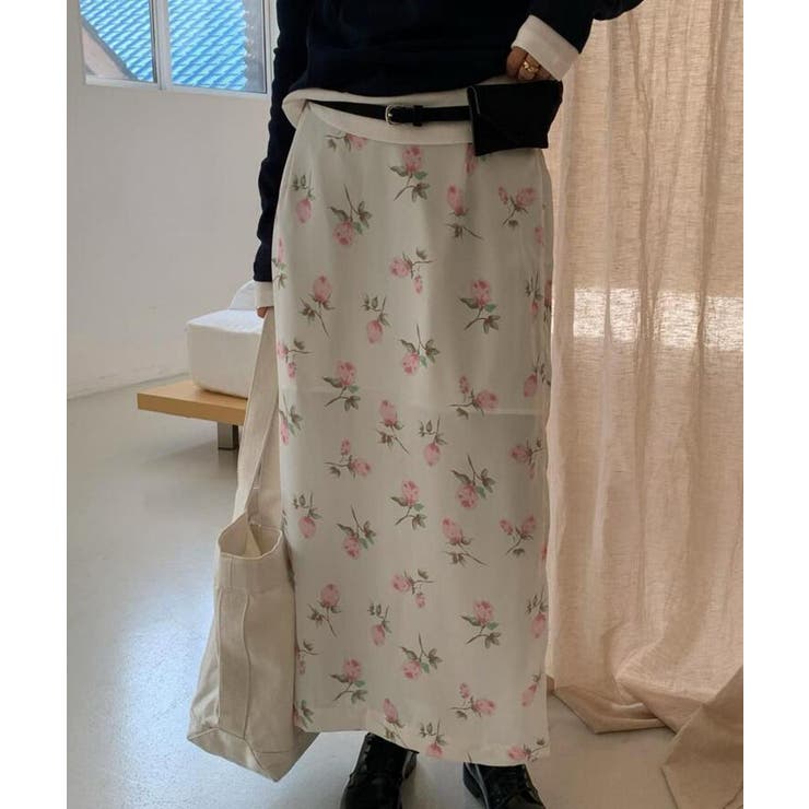 ホワイト | フラワープリント ロングスカート | Bifrost