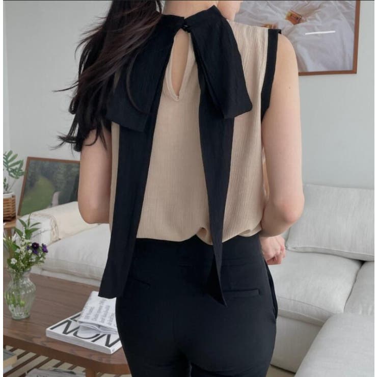 キャメル | ハイネック バックリボン ノースリーブトップス | Bifrost