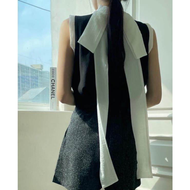 ブラック | ハイネック バックリボン ノースリーブトップス | Bifrost