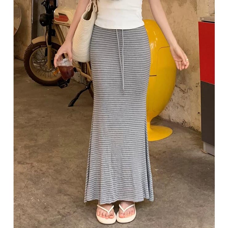 グレー | ドローストリング ボーダー マキシスカート | Bifrost