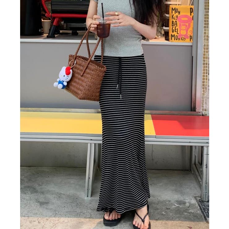 ブラック | ドローストリング ボーダー マキシスカート | Bifrost