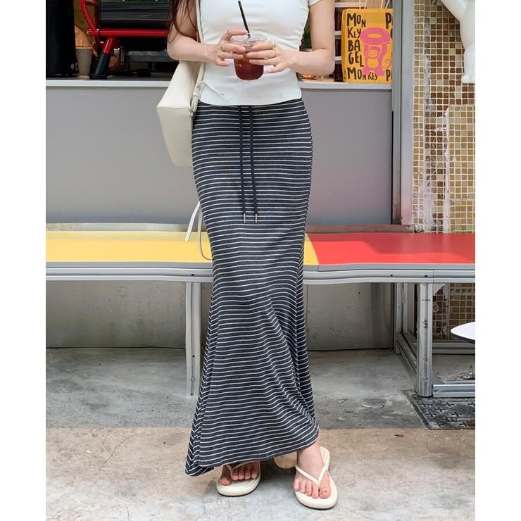 ダークグレー | ドローストリング ボーダー マキシスカート | Bifrost