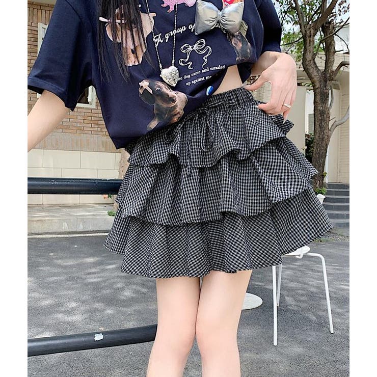 ブラック | ドローストリング ティアード チェックスカート | Bifrost