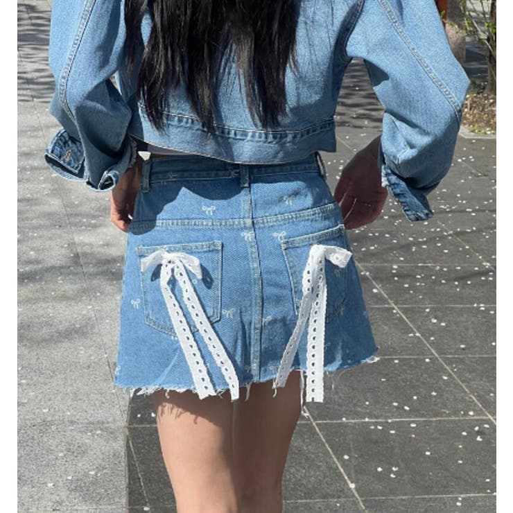 ブルー | リボン刺繍 デニムミニスカート | Bifrost