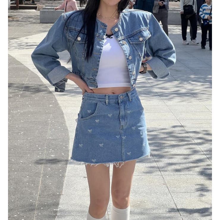 リボン刺繍 デニムミニスカート | Bifrost | 詳細画像1 