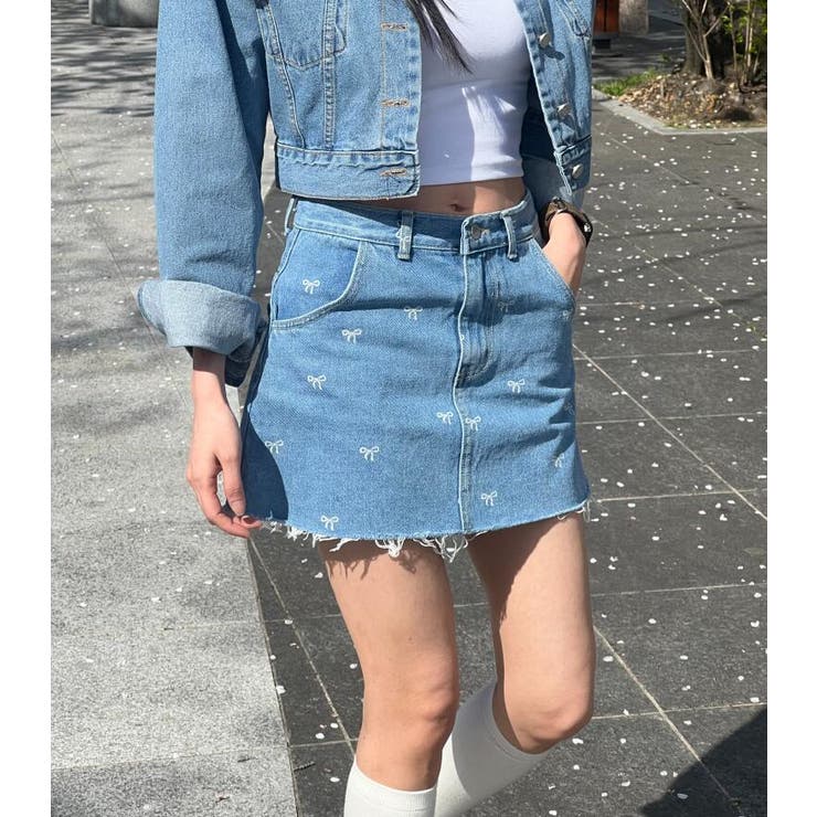 リボン刺繍 デニムミニスカート | Bifrost | 詳細画像4 