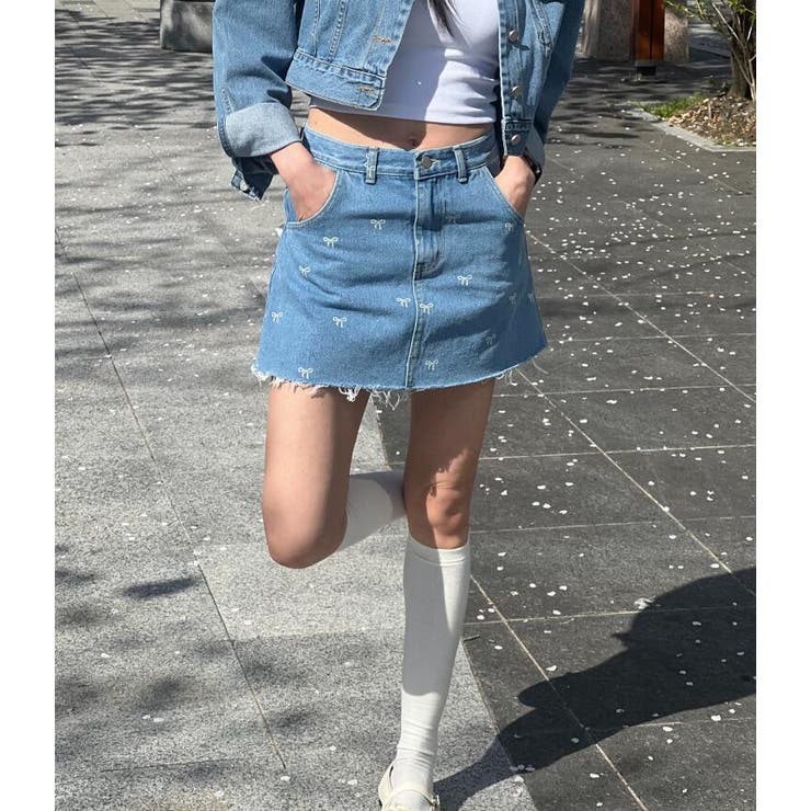 リボン刺繍 デニムミニスカート | Bifrost | 詳細画像8 