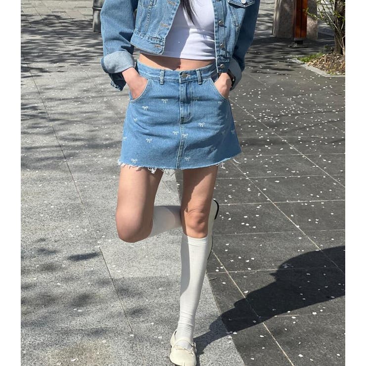 リボン刺繍 デニムミニスカート | Bifrost | 詳細画像9 