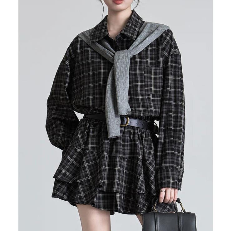 ブラック | チェック柄 ティアードワンピース | Bifrost