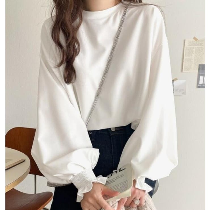 ホワイト | パフスリーブ フリルカフス ロング T シャツ | Bifrost