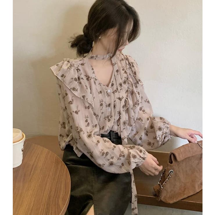 パフスリーブ 花柄 チョーカー付きトップス | Bifrost | 詳細画像1 