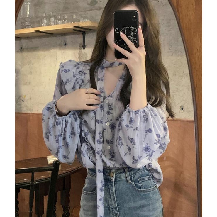 パフスリーブ 花柄 チョーカー付きトップス | Bifrost | 詳細画像2 