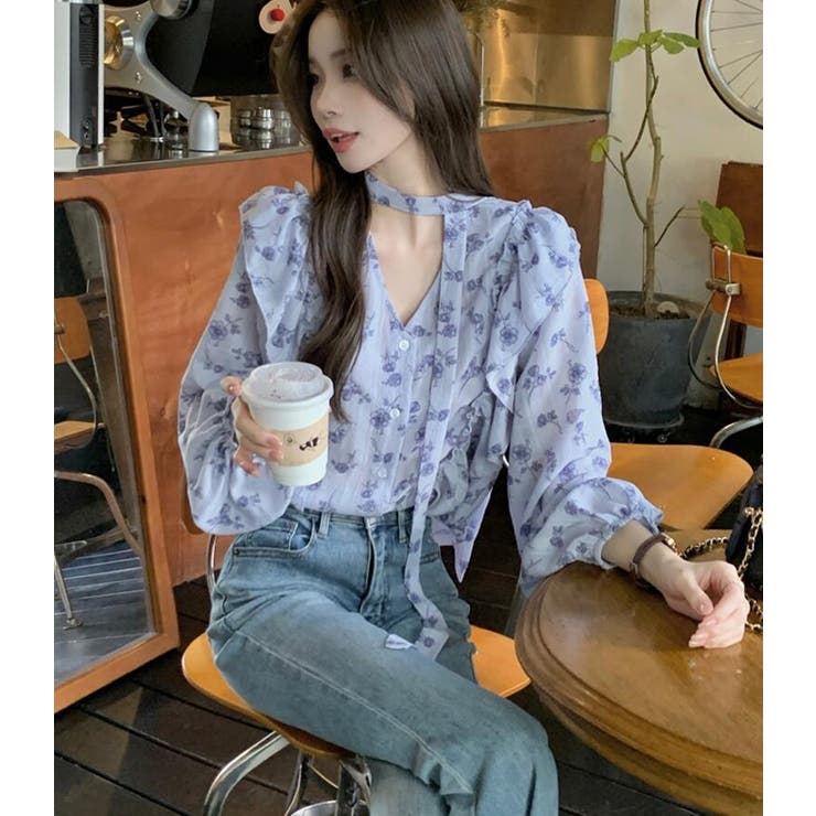 パフスリーブ 花柄 チョーカー付きトップス | Bifrost | 詳細画像4 