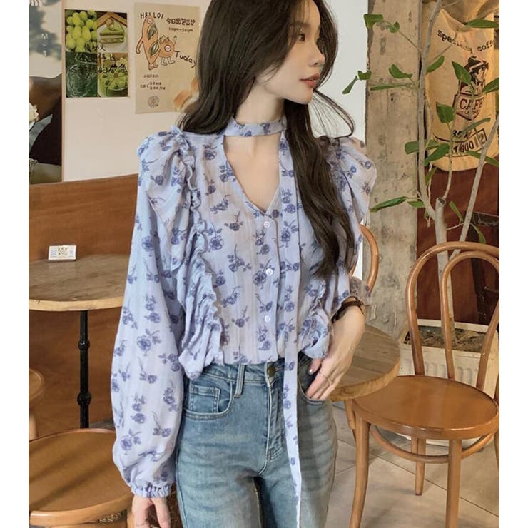 パフスリーブ 花柄 チョーカー付きトップス | Bifrost | 詳細画像5 