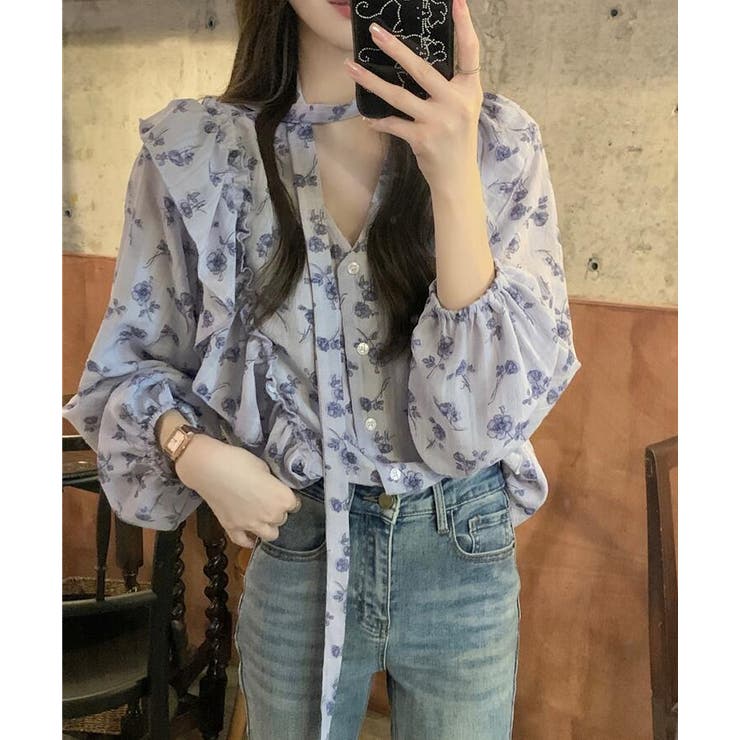 パフスリーブ 花柄 チョーカー付きトップス | Bifrost | 詳細画像6 