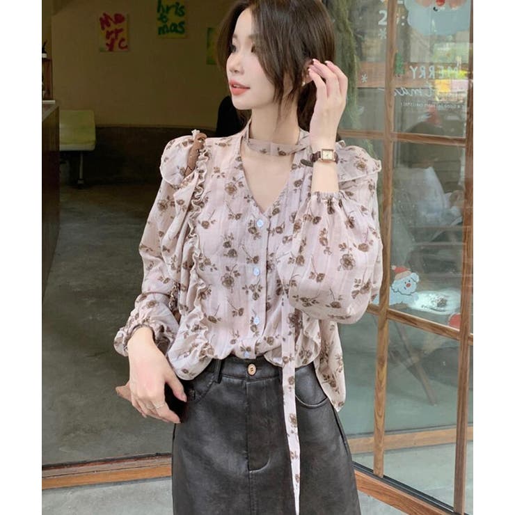 パフスリーブ 花柄 チョーカー付きトップス | Bifrost | 詳細画像8 