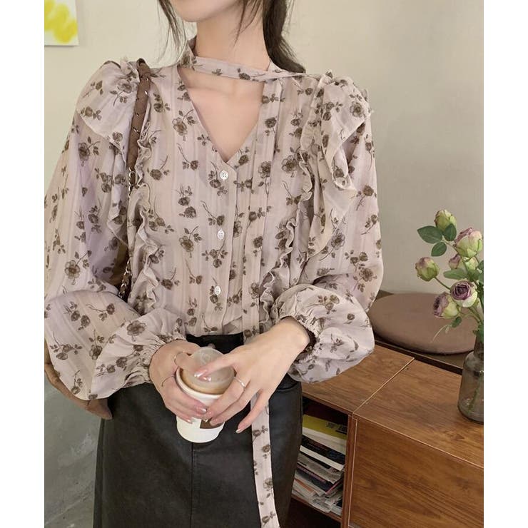 パフスリーブ 花柄 チョーカー付きトップス | Bifrost | 詳細画像9 