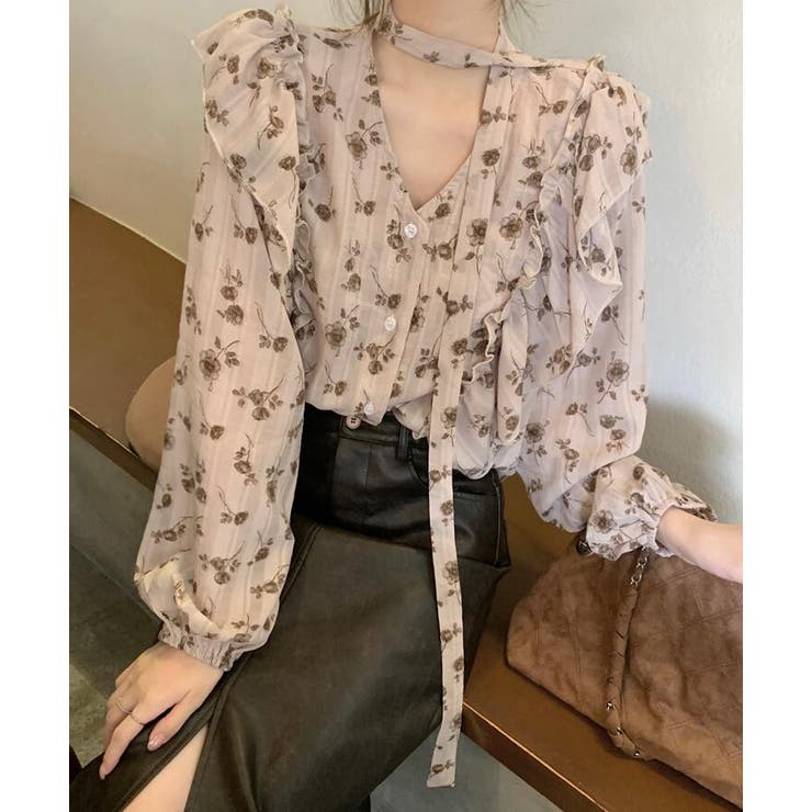 パフスリーブ 花柄 チョーカー付きトップス | Bifrost | 詳細画像11 