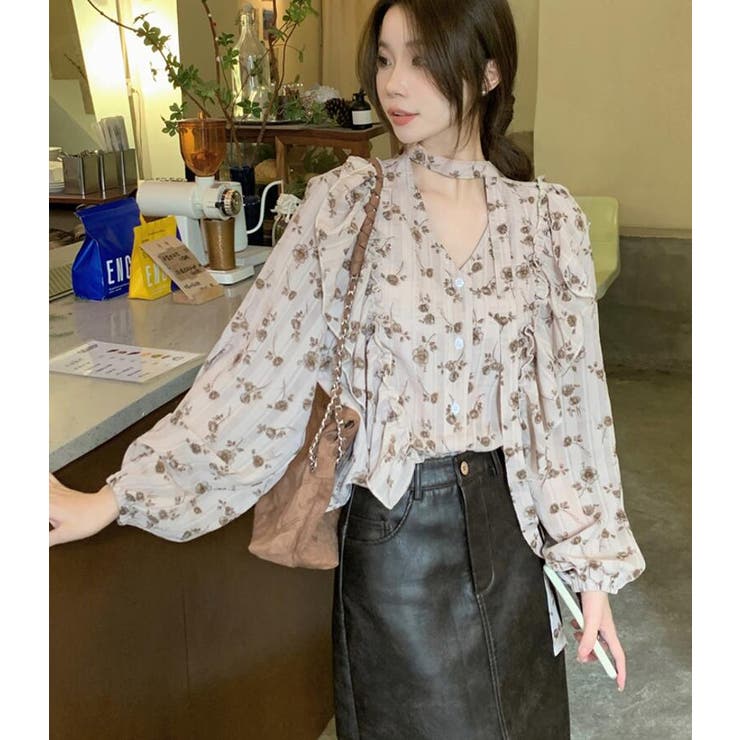 パフスリーブ 花柄 チョーカー付きトップス | Bifrost | 詳細画像12 