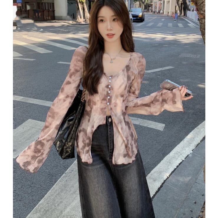 ベージュ | タイダイ柄 スリット フレアスリーブトップス | Bifrost