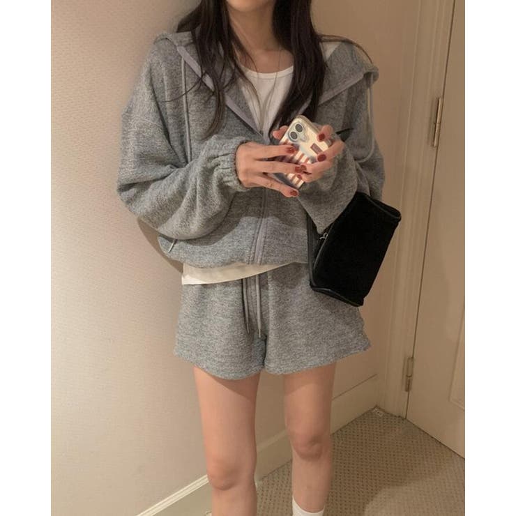 ジップアップ ニットパーカー ショートパンツ セット[品番