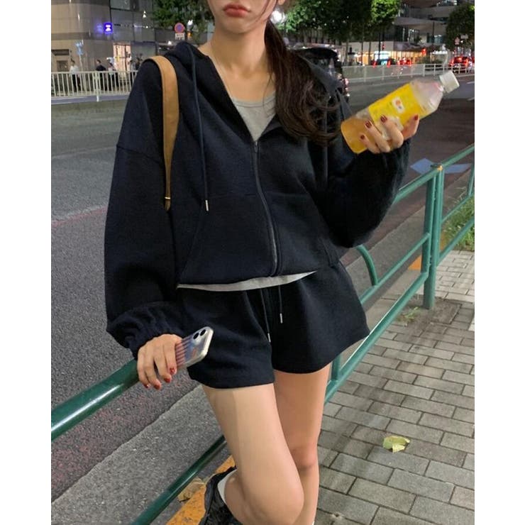 ジップアップ ニットパーカー ショートパンツ セット[品番