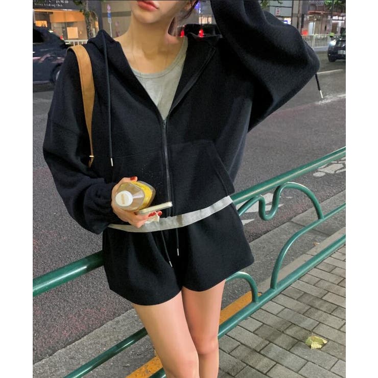 ジップアップ ニットパーカー ショートパンツ セット[品番